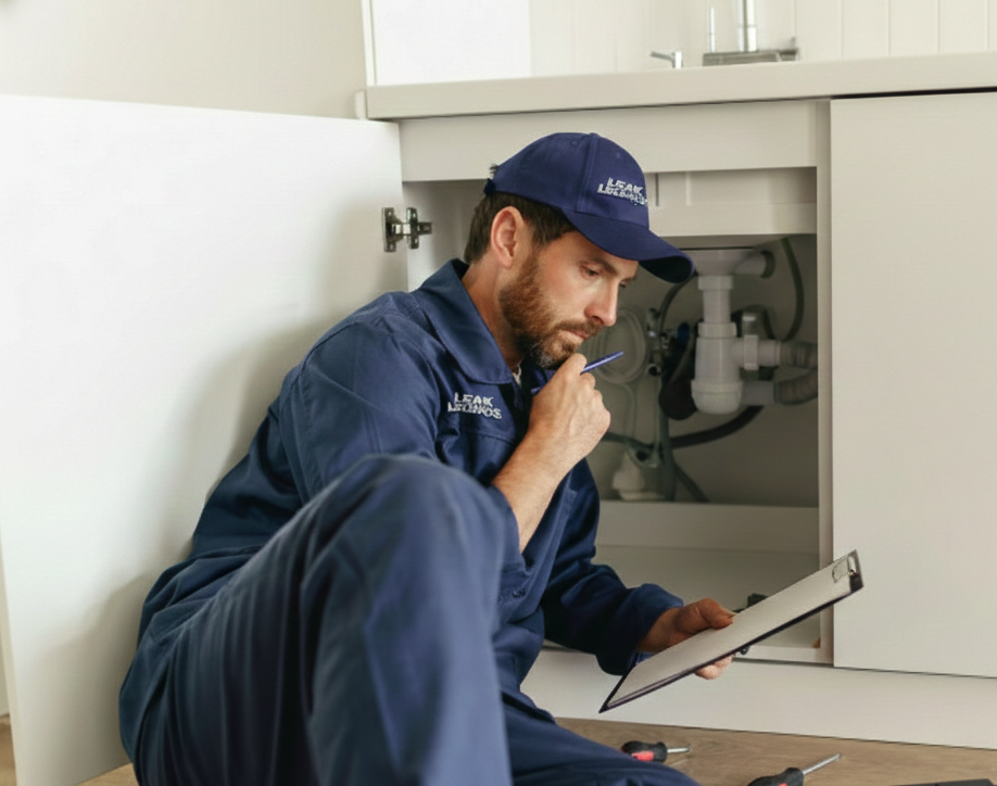 Professional plumber inspecting pipes under a kitchen sink