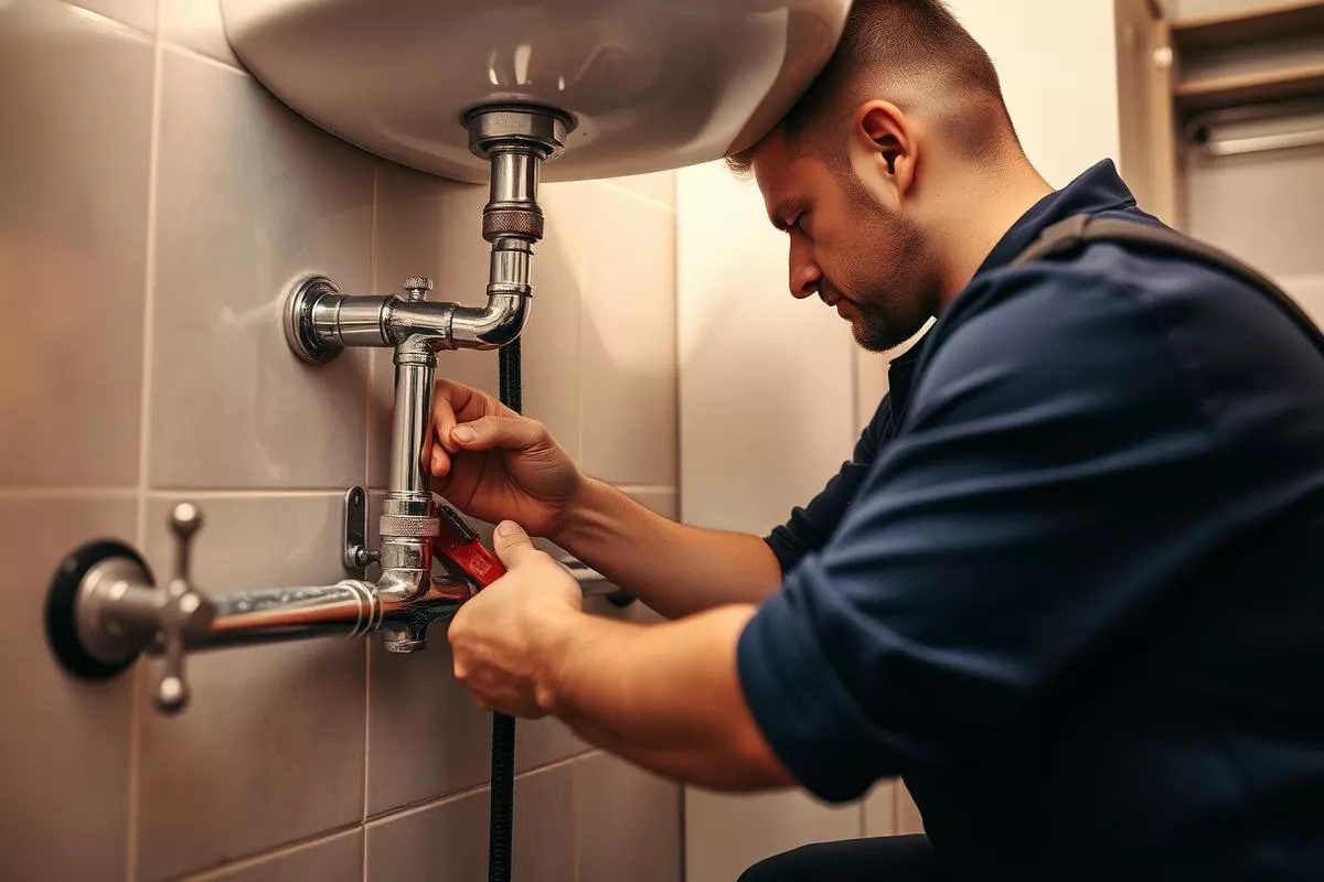 Plumber repairing a faucet in a bathroom