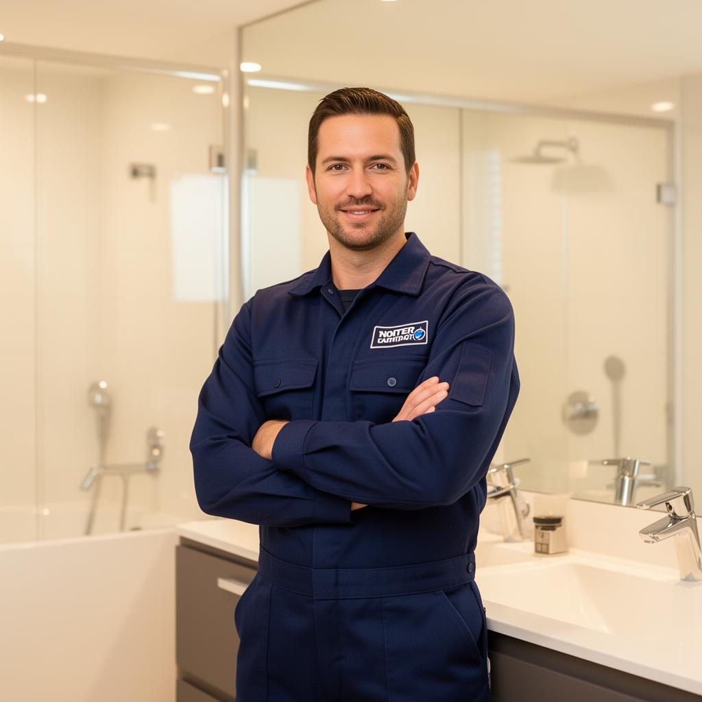 Licensed plumber in uniform standing with arms crossed